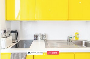 Fridge, microwave, stovetop, toaster