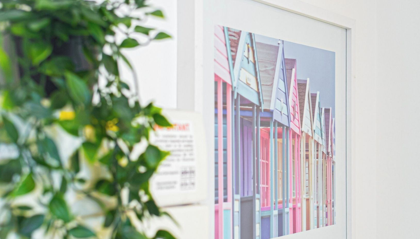 A framed picture of colorful buildings, possibly a hotel or apartment complex, with logos for AVO APARTMENTS and Airbnb.