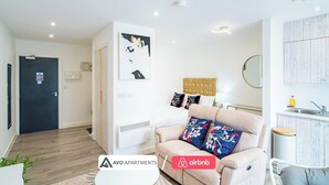 Un appartement moderne comprenant un espace de vie, une kitchenette et une chambre.