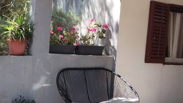 A black chair with a woven backrest, a potted plant, and a window with shutters.