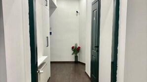 Kapea käytävä, jonka seinät ovat valkoiset ja lattia tummaa puuta. Vasemmalla puolella on patteri, oikealla puolella vihreä ovi ja keskellä pieni ruukussa oleva kasvi, jossa on punaisia kukkia.
