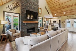 Smart TV, fireplace, foosball