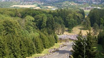 Ein großes, offenes Amphitheater, umgeben von dichtem Wald, mit einer Menge von Menschen zu einer Veranstaltung.