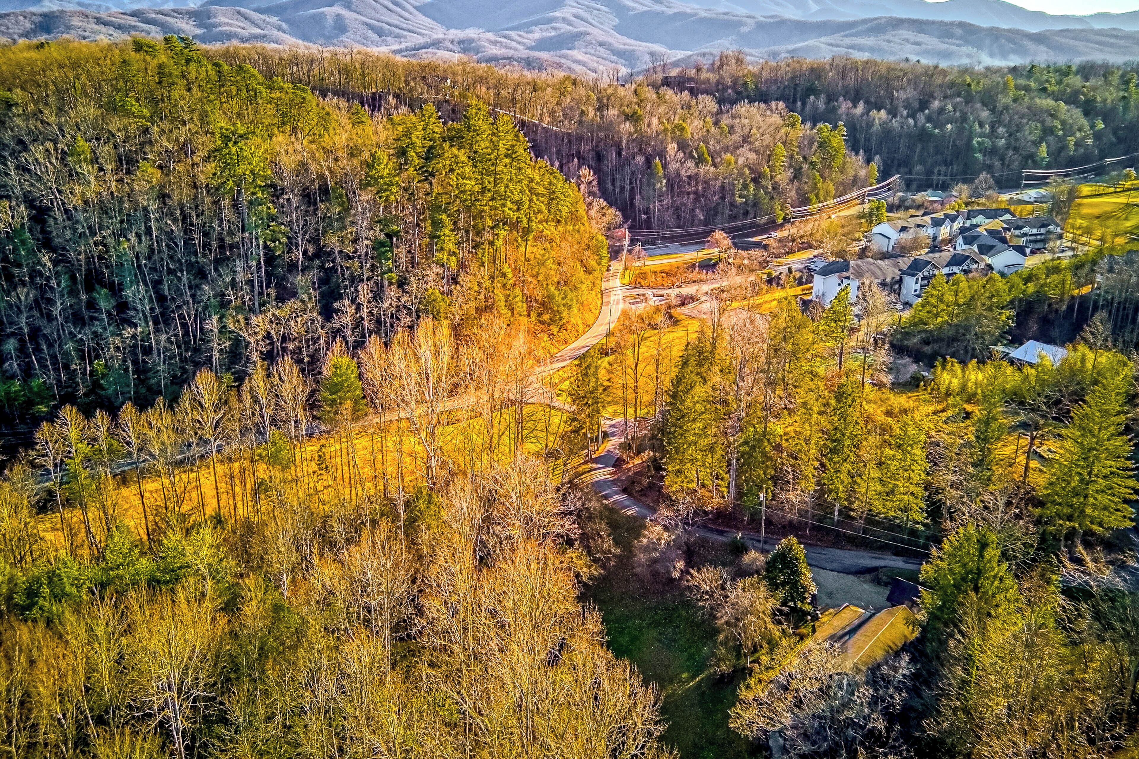 An aerial view of a residential area with houses and a road.