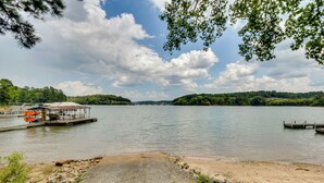 A lakeside view with a dock, a small boat, and a pier.