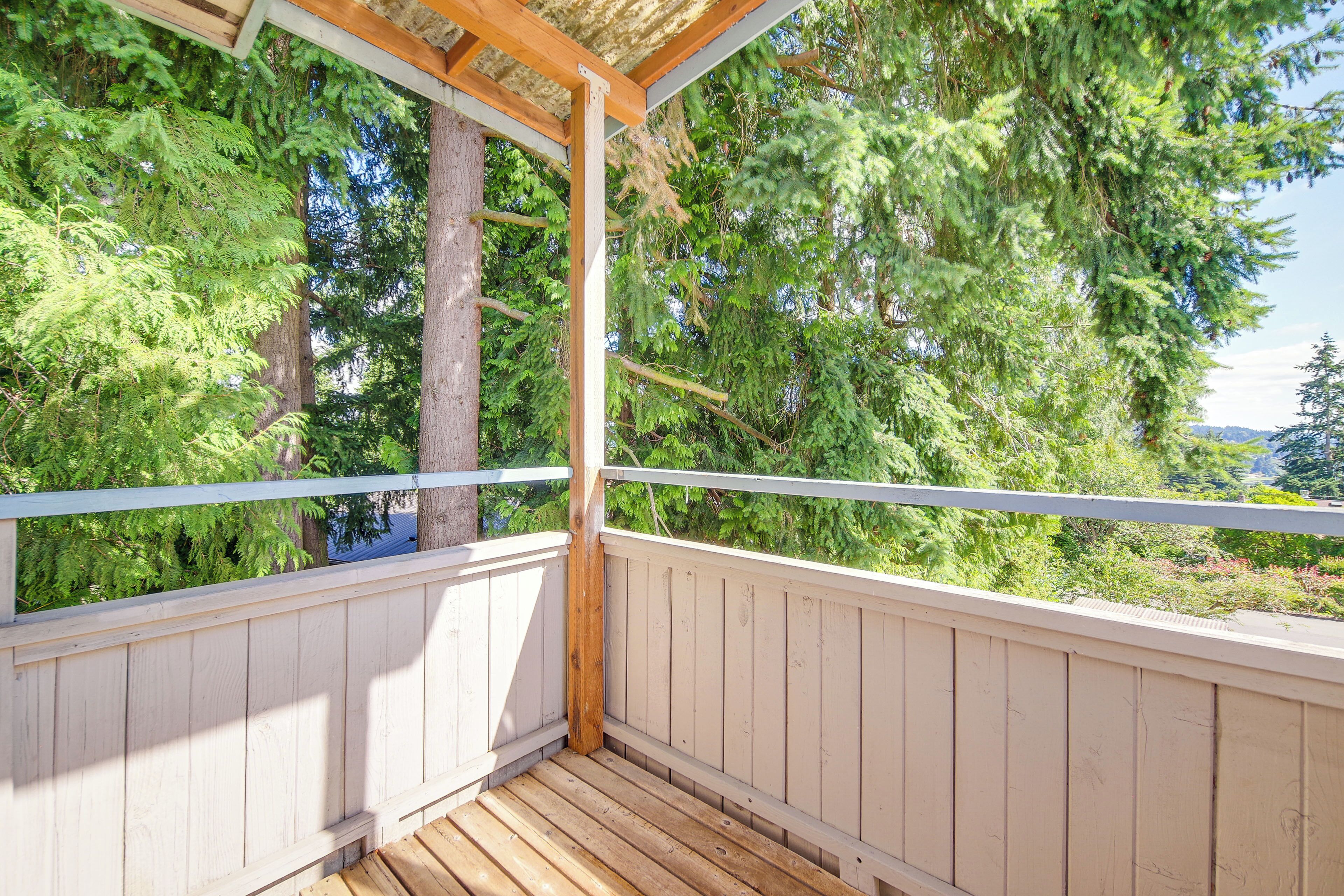 A wooden deck with a white railing, surrounded by lush green trees.
