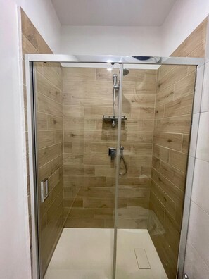 Shower, hair dryer, bidet, towels