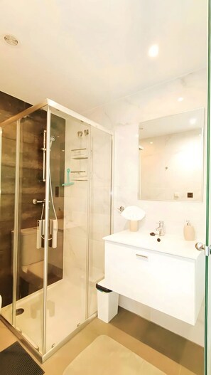 Shower, hair dryer, towels