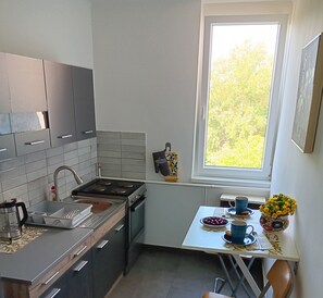Fridge, oven, stovetop, electric kettle