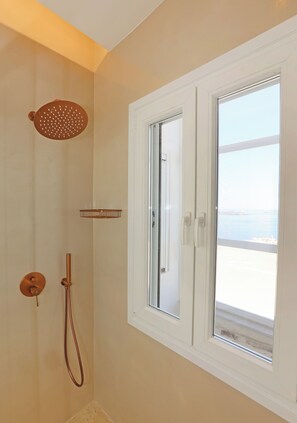 Douche, séchoir à cheveux, serviettes fournies, savon