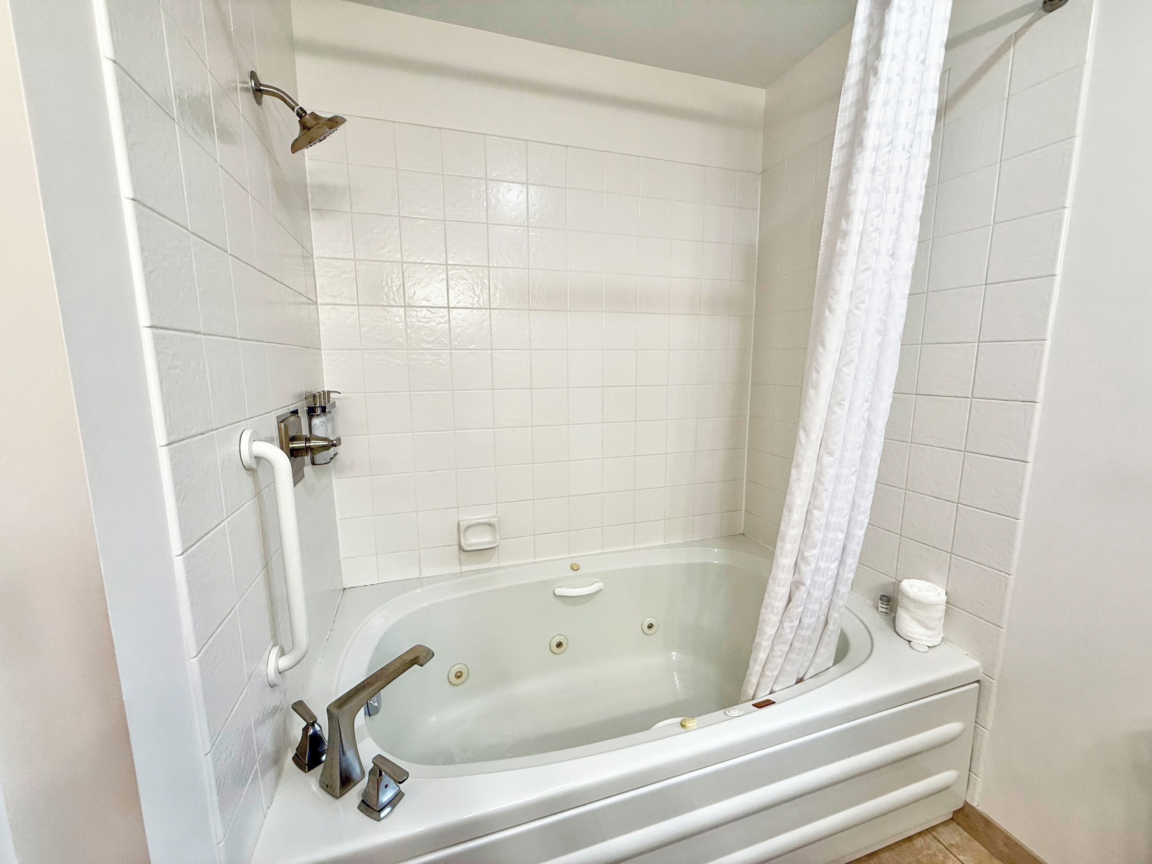 Une salle de bain moderne avec une baignoire sur pieds, une douchette et un porte-rouleau de papier toilette.