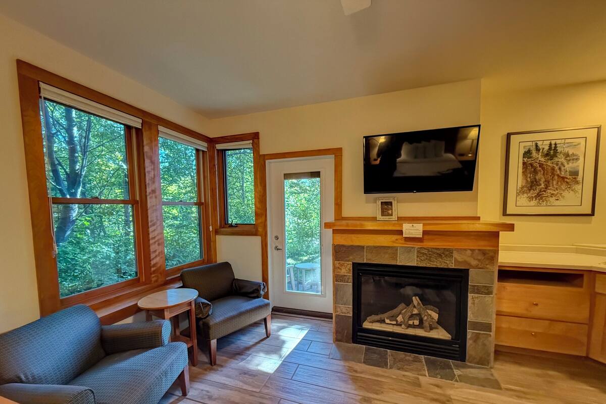 A cozy living room with a fireplace, large windows, a television, and a dining area.