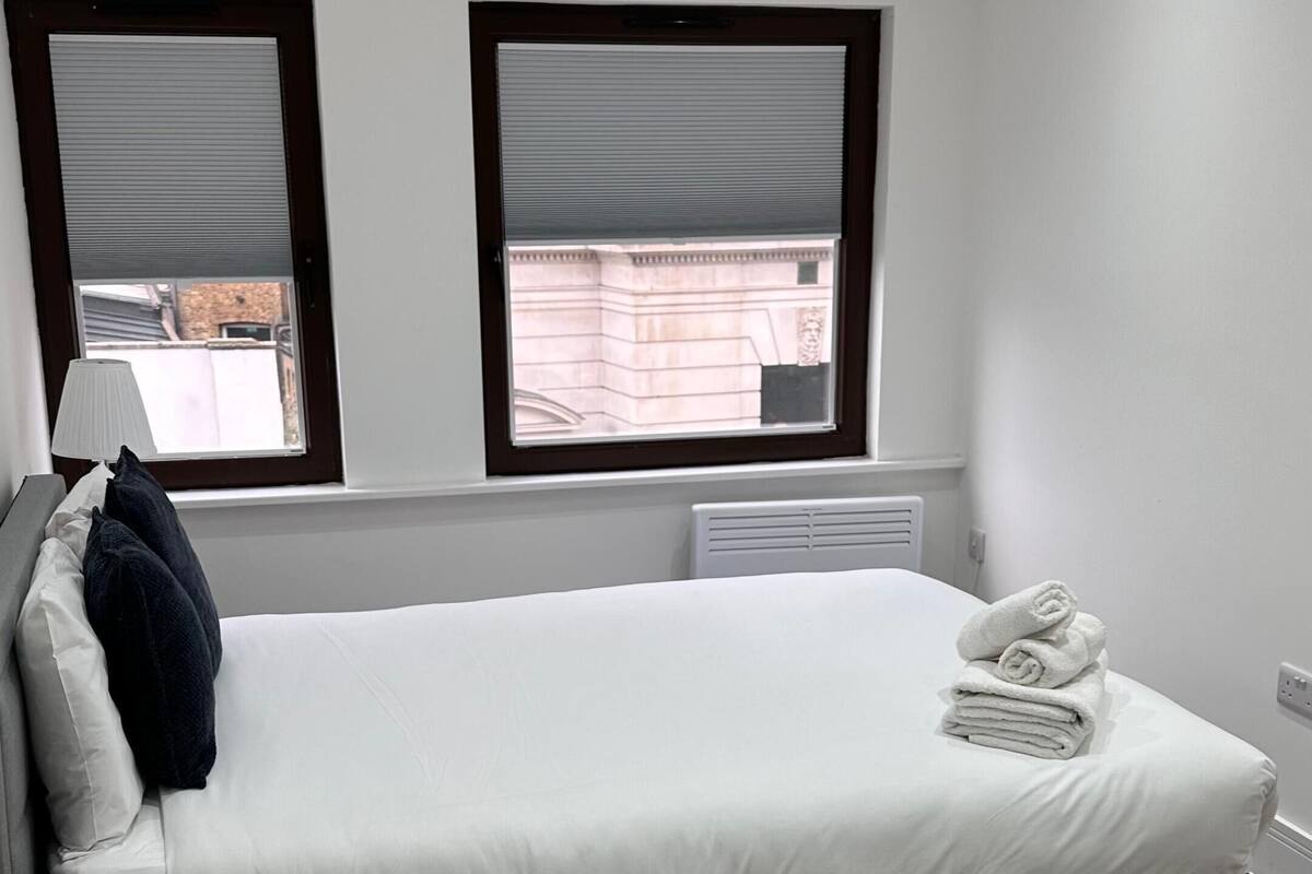 A modern bedroom with a bed, two windows, a radiator, and a view of buildings outside.