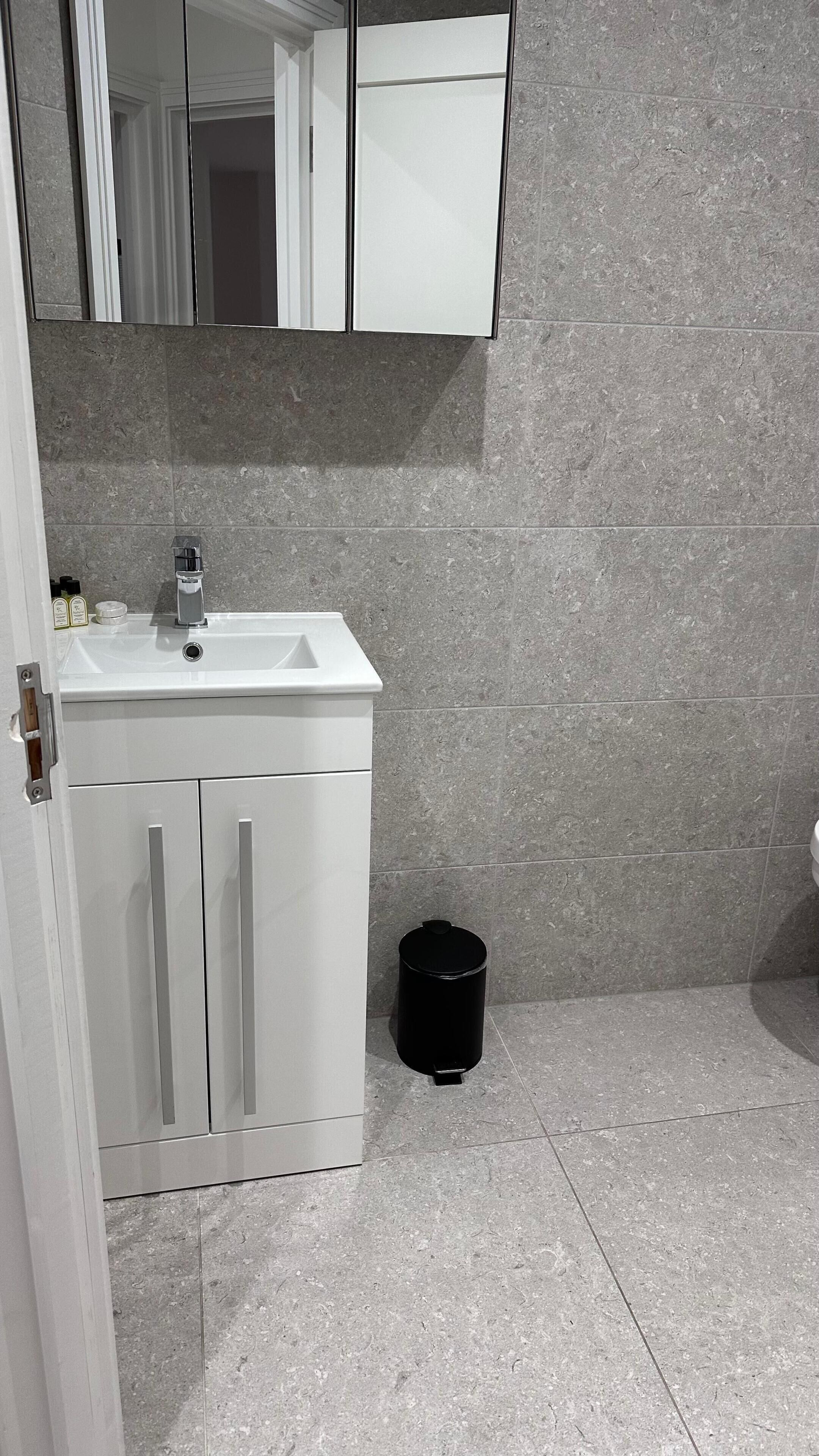 Un baño con un lavabo blanco, un espejo y un cubo de basura negro.