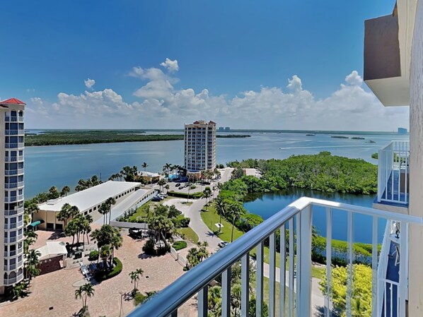 A hotel with a pool, a view of the water, and a beach area with palm trees.
