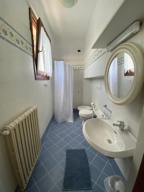Douche, bidet, serviettes fournies, papier toilette