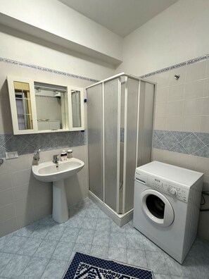 Hair dryer, bidet, towels, toilet paper