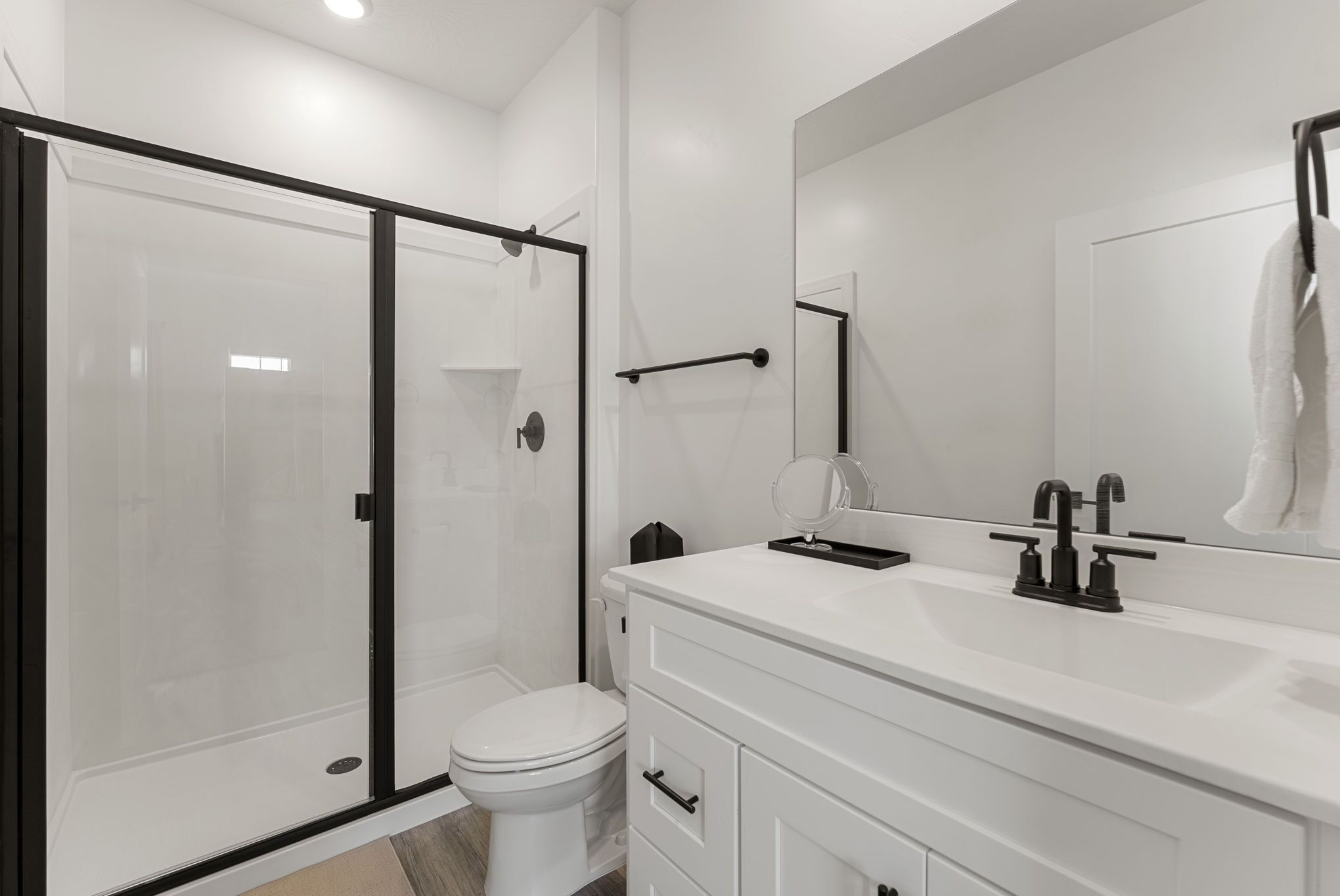 A modern bathroom with a glass shower enclosure, a white toilet, and a vanity with a mirror and sink.