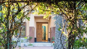 A building entrance with a wooden door, a stone wall, and a small garden area with potted plants. - Il Cantico Home (Naples)