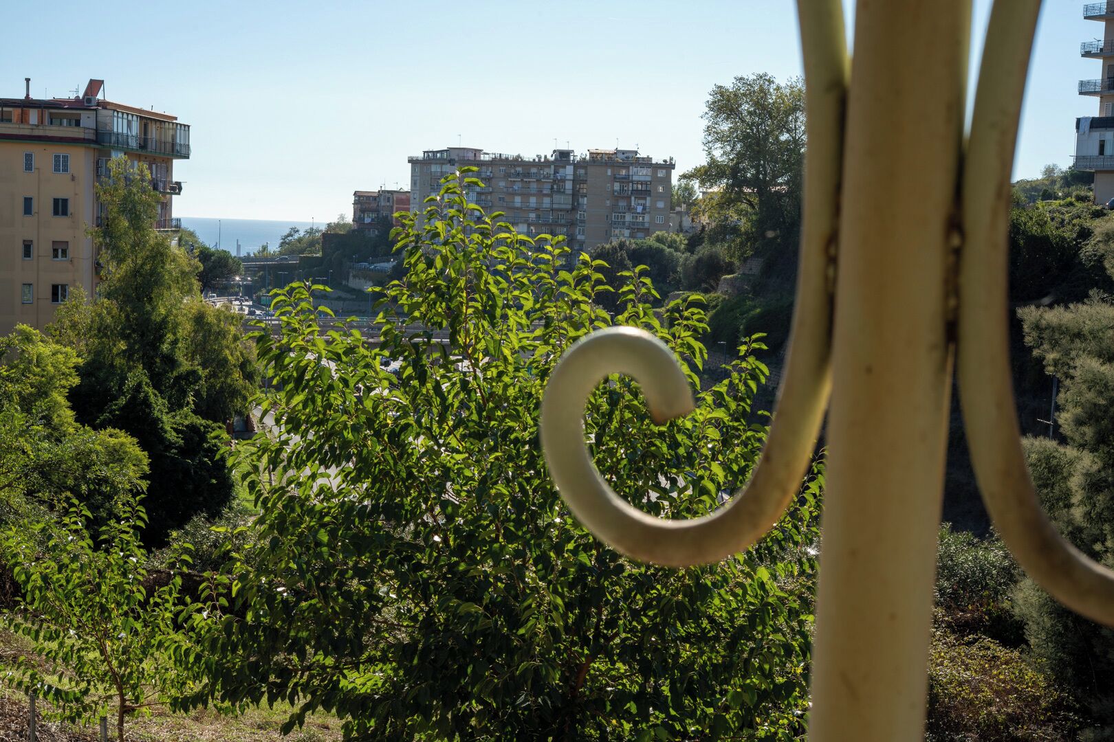 Vista de una zona residencial con edificios de varios pisos, áreas verdes y un cielo despejado.
