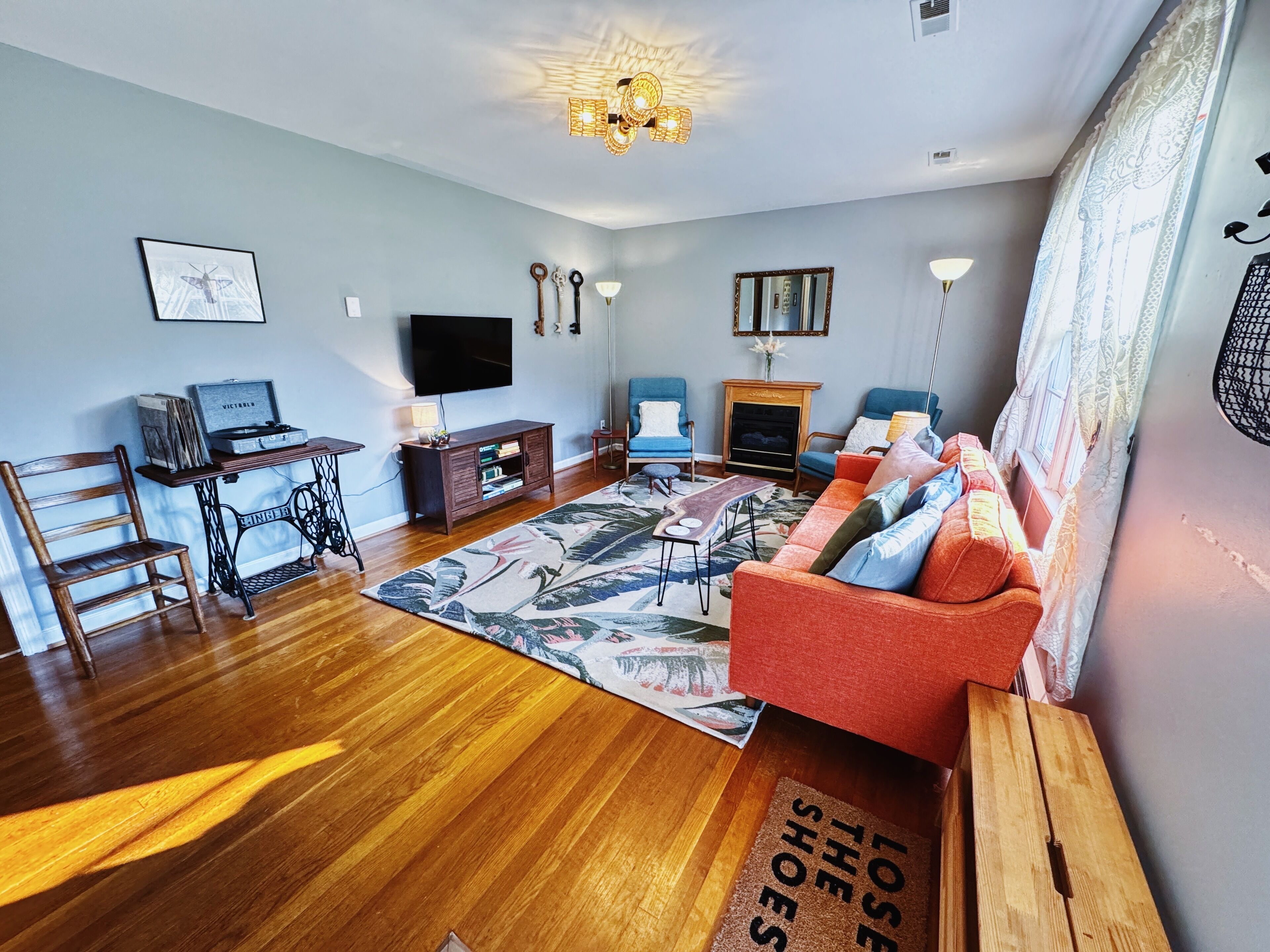 智能電視、壁爐、書籍、音樂庫