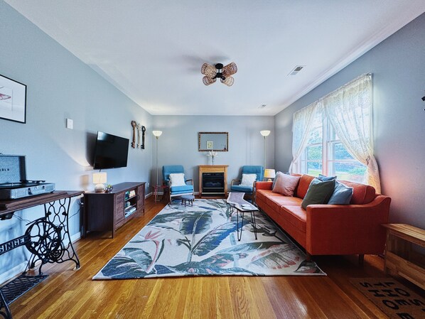 Smart TV, fireplace, books, music library