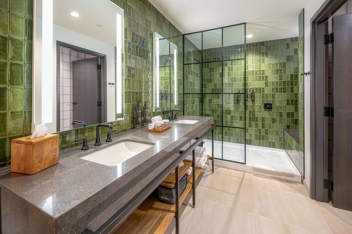 Une salle de bain moderne dotée d’un long meuble-lavabo, de deux vasques, d’une cabine de douche en verre et d’un grand miroir.