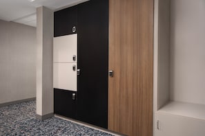 A hotel room with a large wardrobe, a small cabinet, and a carpeted floor.