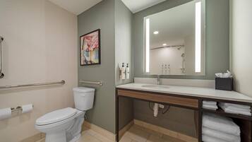 A bathroom with a toilet, sink, mirror, towel rack, and a handrail.