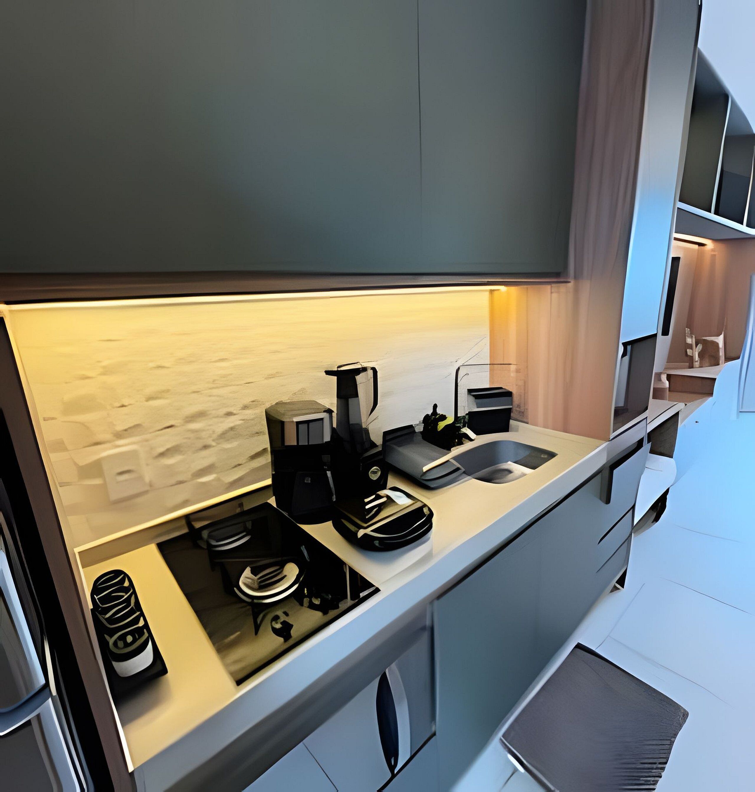 Une cuisine moderne équipée d’une cuisinière intégrée, d’une machine à café et d’un évier.