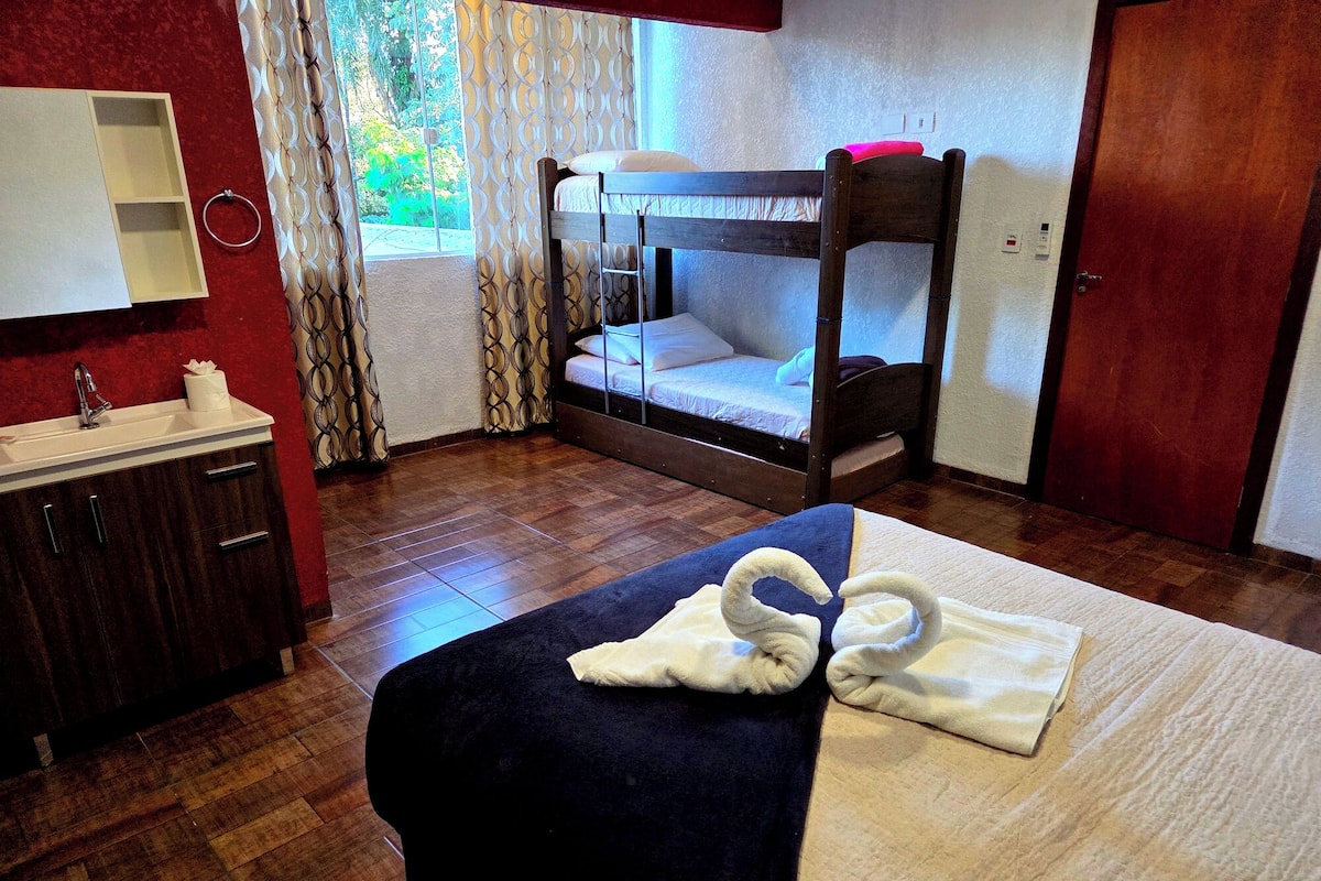 A room with a bunk bed, a bedside table with a lamp, a small bathroom with a sink and mirror, and a window with curtains.