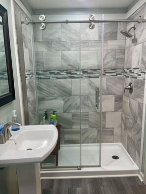 Hair dryer, towels, soap, toilet paper