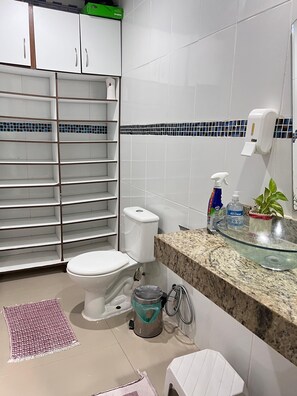 A bathroom with a toilet, a glass sink, a trash bin, and a shelf unit.