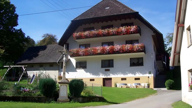 Ein mehrstöckiges Gebäude mit Balkonen, blauem Himmel und einem gepflegten Rasen.
