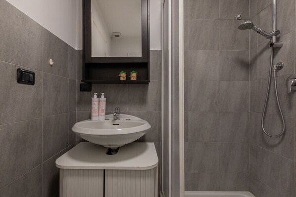 Un baño moderno con un lavamanos blanco, un espejo encima y una zona de ducha con cabezal de ducha manual.