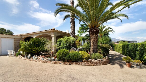 A house with a stone facade, a covered patio, and a well-maintained garden with various plants and a palm tree. - Sea and Canopy Rooms: Mountain View, Shared Terrace and Garden (SARROLA CARCOPINO)