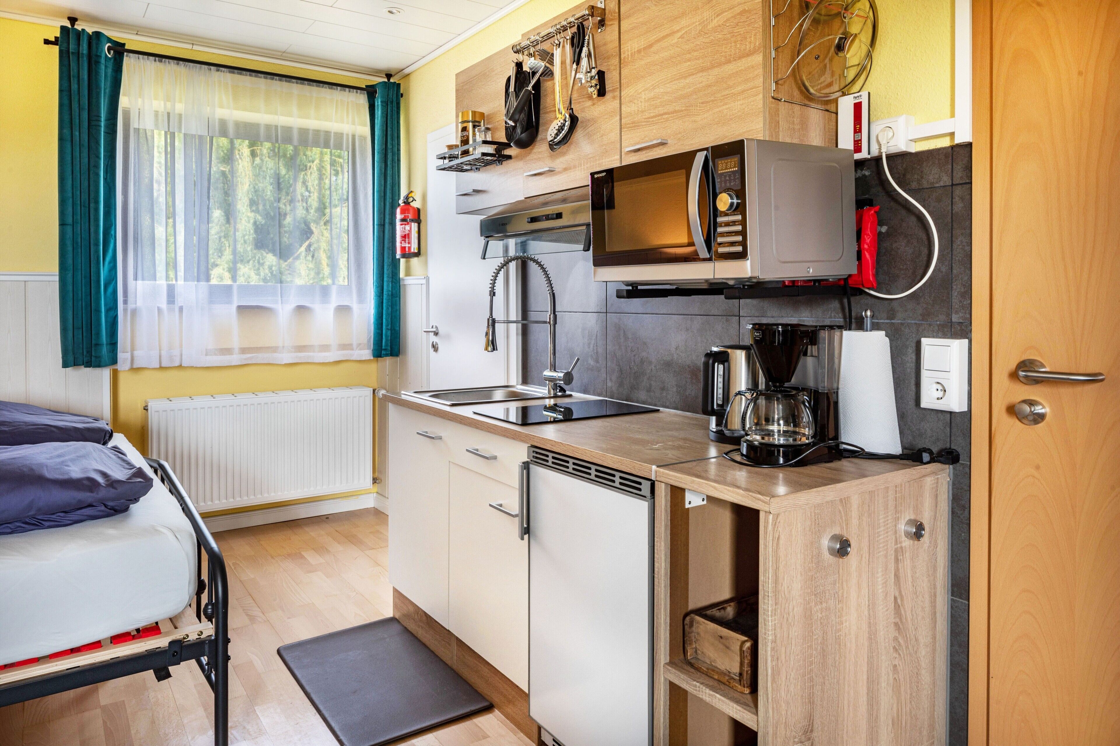 Fridge, microwave, stovetop, electric kettle