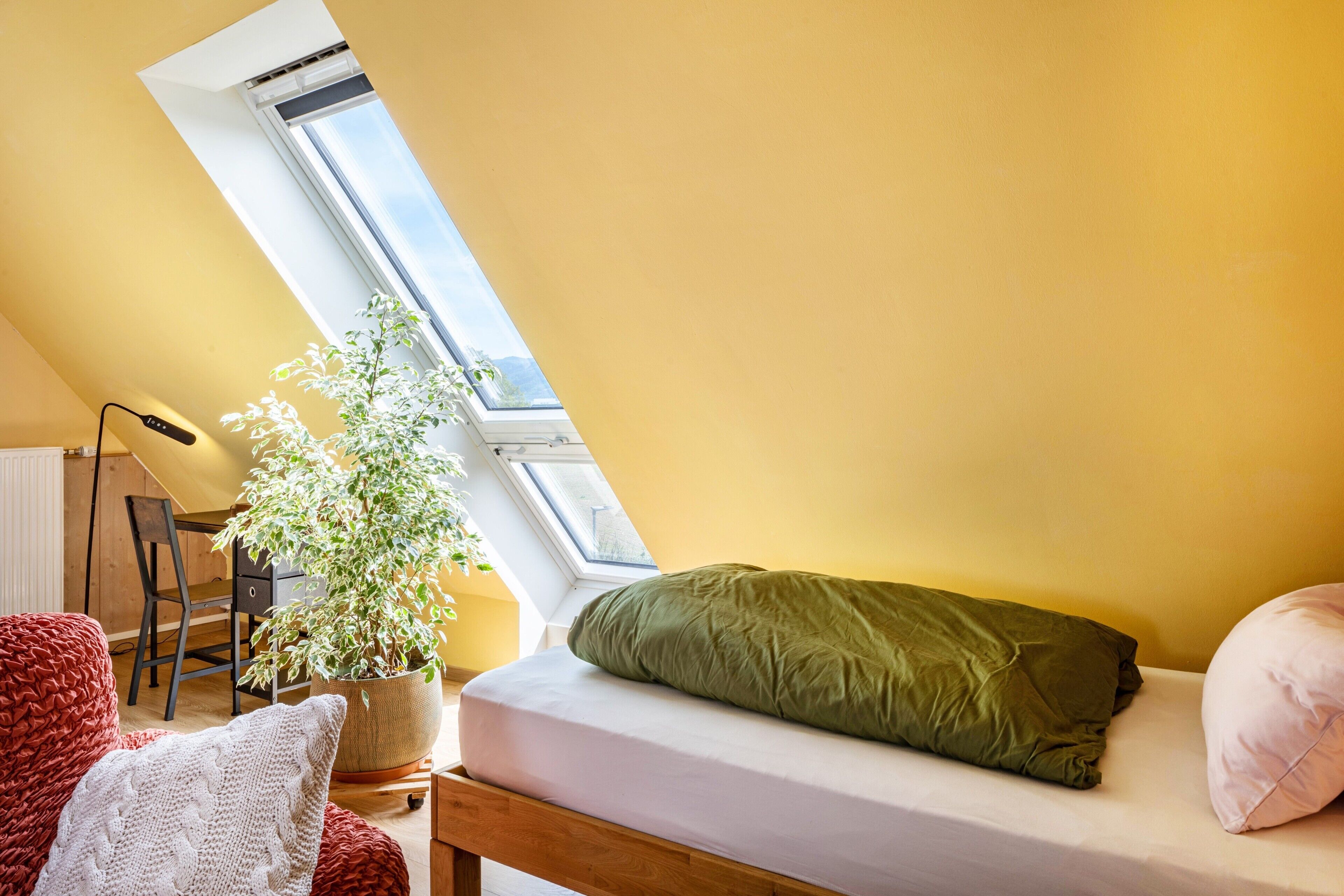 Una habitació amb sostre inclinat, un finestral situat al sostre, un llit amb almoades verdes i roses, un escriptori de fusta, una cadira i una planta en test.