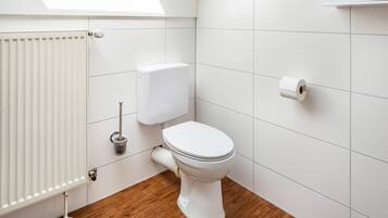 Een badkamer met een toilet, een radiator en een rol toiletpapier aan de wand.