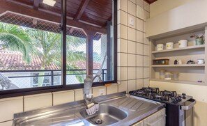 Cozinha com pia de aço inoxidável, fogão a gás e janela com vista para palmeiras.