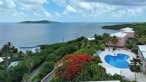 A resort with a swimming pool, lush greenery, and a view of the sea.