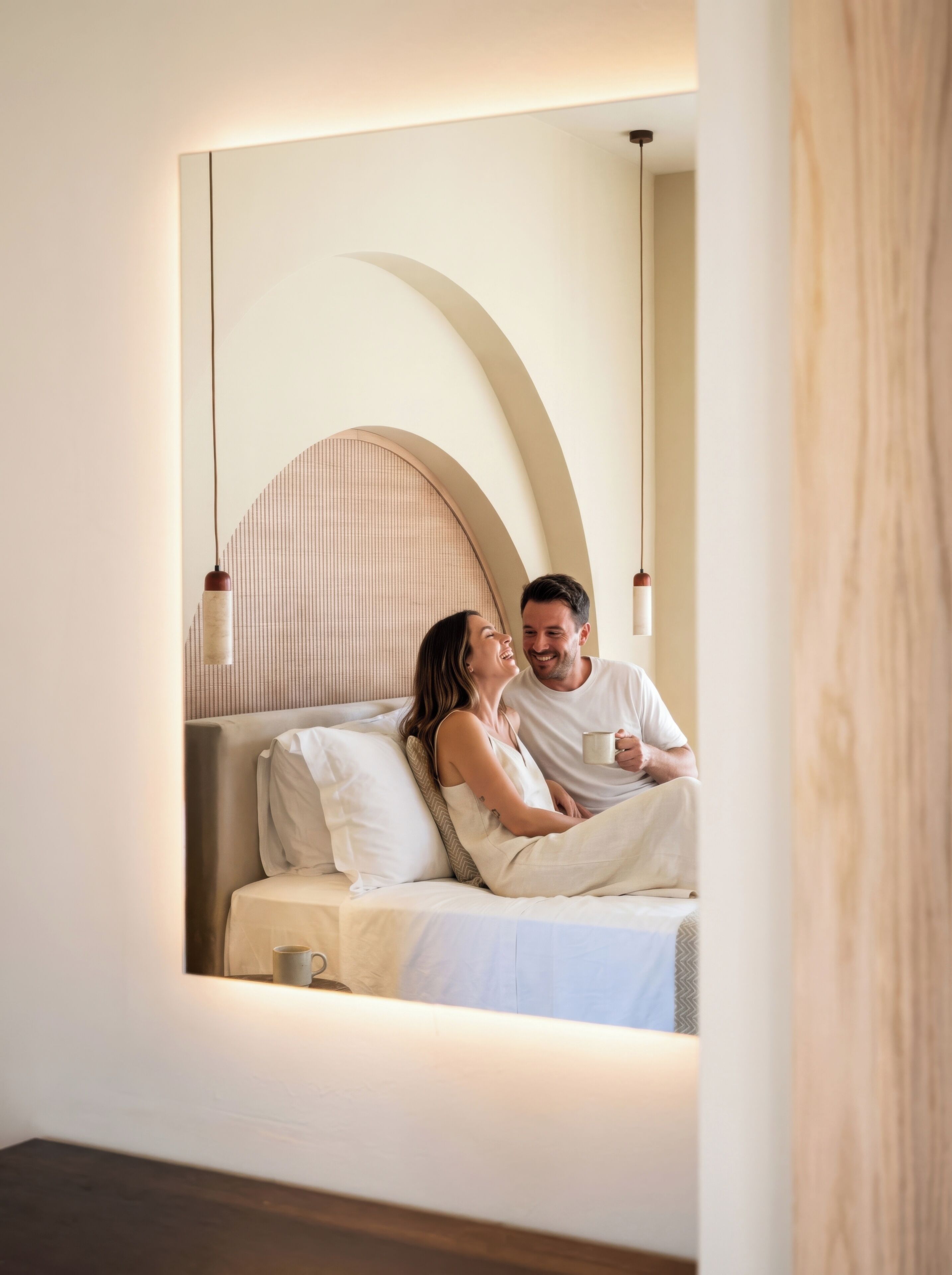 A couple on a bed with a headboard, a bedside table, and a hanging light fixture.