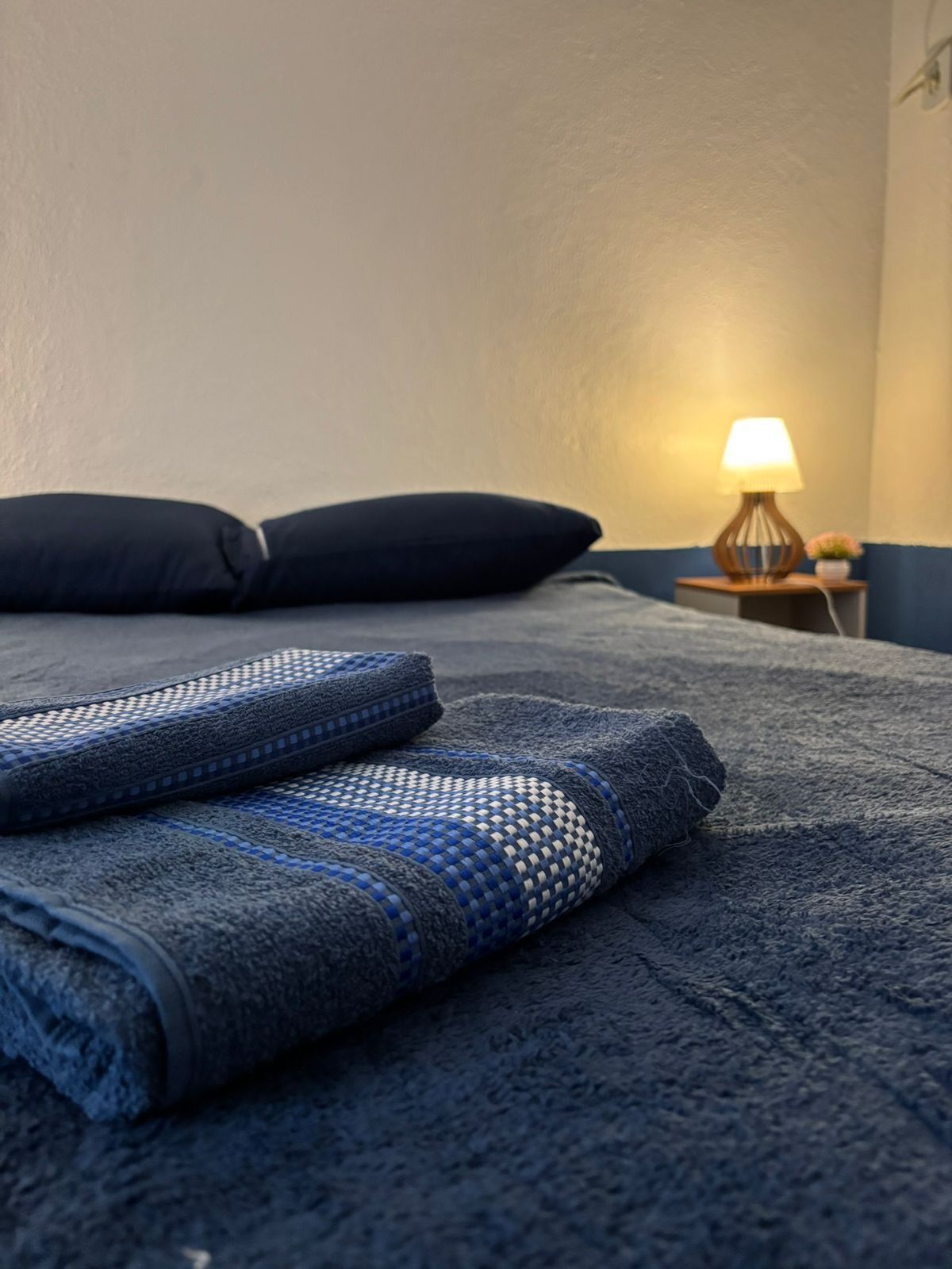 A neatly made bed with a blue and white patterned blanket, a dark pillow, and a bedside lamp with a white shade.