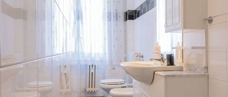 A modern bathroom with a glass shower enclosure, a white sink, and a toilet.