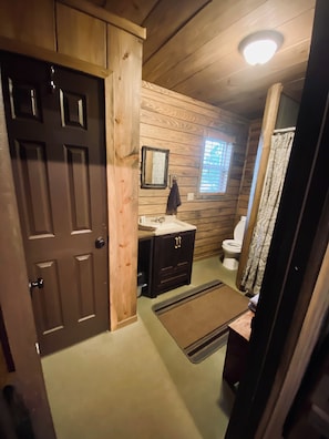 Shower, towels, soap, toilet paper