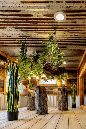 A rustic interior with wooden floors, hanging plants, and a rustic ceiling. - Oak Meadow Ranch (Valley View)