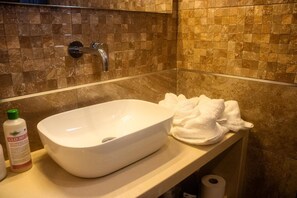 Hair dryer, towels, soap, toilet paper