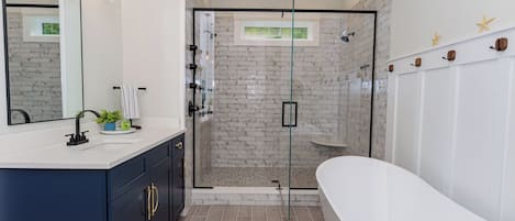 Shower, hair dryer, towels, soap