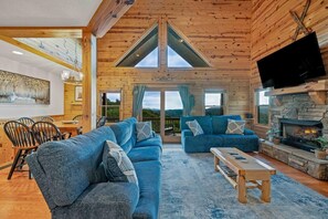 Smart TV, fireplace, books