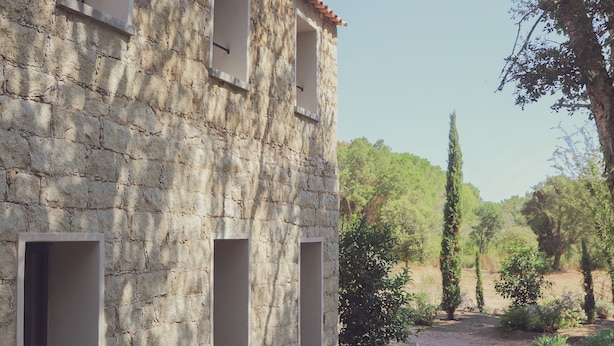 Un edificio de piedra con tejado de tejas, zona de estar exterior con sofás y sillones, y jardín con árboles y arbustos.